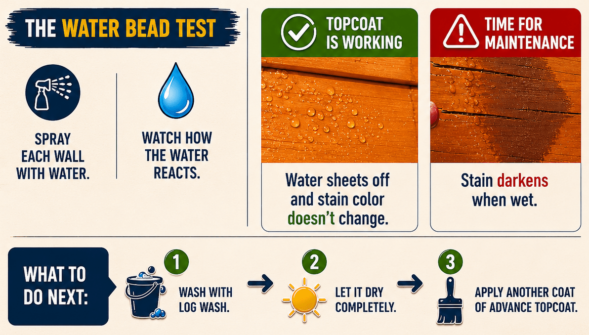 The Water Bead Test.
Spray each wall with water. Watch how the water reacts. If the water sheets off and the stain color doesn't change, the topcoat is working. If the stain darkens when wet, it is time for maintenance..