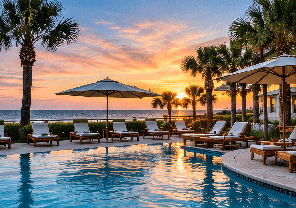 resort swimming pool at sunset