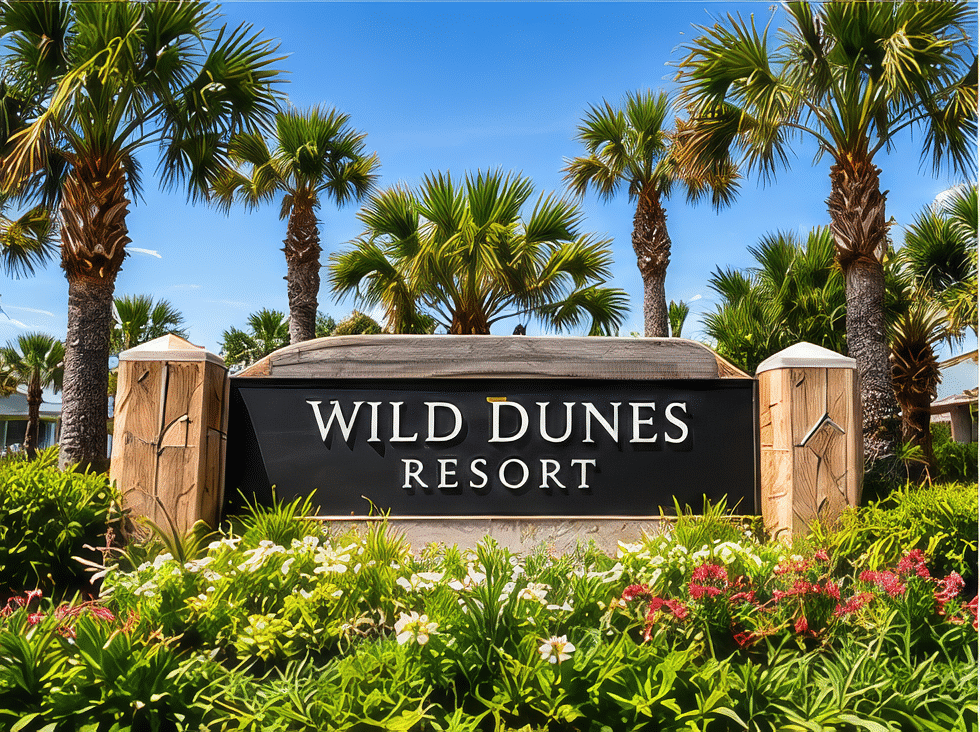 Sign saying Wild Dunes Resort with palm tress and other plants around it.